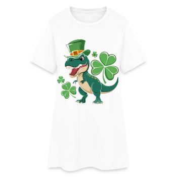 Grüner Dino mit Kleeblatt Hut - Frauen T-Shirt-Kleid - Weiß - Vorne
