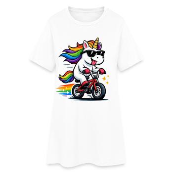 Licorne cool sur vélo – Arc-en-ciel drôle - Robe T-shirt Femme - blanc - Devant