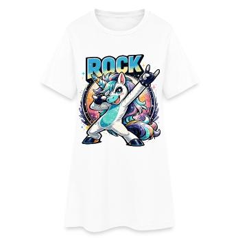 Licorne rock en pose de dabing avec une ambiance rétro - Robe T-shirt Femme - blanc - Devant
