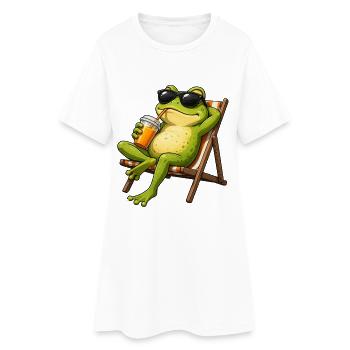 Grenouille détendue sur une chaise longue de plage - Robe T-shirt Femme - blanc - Devant