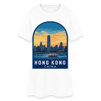 Hong Kong Star Ferry Skyline Retro Sunset Badge - Women’s T-Shirt Dress - white - Front