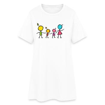 Glückliche kleine Familie – Buntes Strichmännchen-Design - Frauen T-Shirt-Kleid - Weiß - Vorne