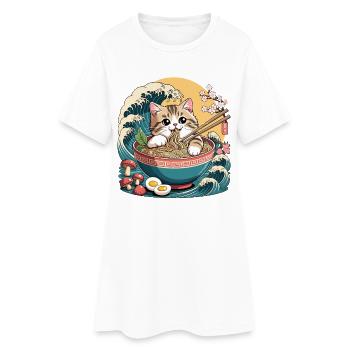 Chat ramen Kawaii mignon dans des vagues de bol de nouilles - Robe T-shirt Femme - blanc - Devant
