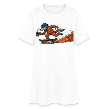 Cartoon-Figur Wolf auf feurigem Skateboard - Frauen T-Shirt-Kleid - Weiß - Vorne