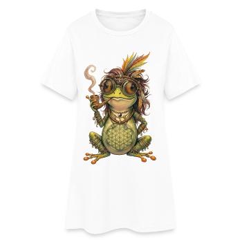 Aquarelle : Grenouille bohème avec pipe et plumes - Robe T-shirt Femme - blanc - Devant