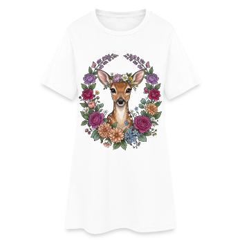 Deer Fawn Flowers Folk Festival Traditional Costumes Replacement Women - Women’s T-Shirt Dress - white - Front