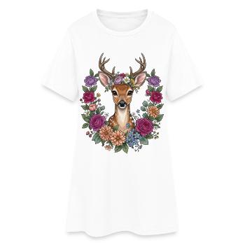 Deer Fawn Flowers Folk Festival Traditional Costumes Replacement Women - Women’s T-Shirt Dress - white - Front
