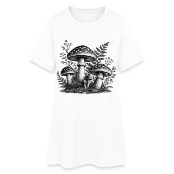 Vintage Forest Mushrooms Linocut - Women’s T-Shirt Dress - white - Front