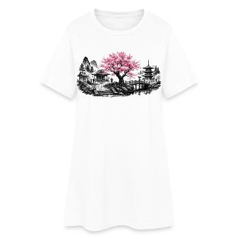 Jardin du temple japonais des cerisiers en fleurs - Robe T-shirt Femme - blanc - Devant