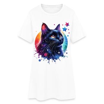 Schwarze Katze Motiv - Frauen T-Shirt-Kleid - Weiß - Vorne