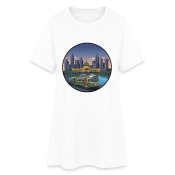 Melbourne City Skyline mit Vintage-Straßenbahn-Aufkleber - Frauen T-Shirt-Kleid - Weiß - Vorne