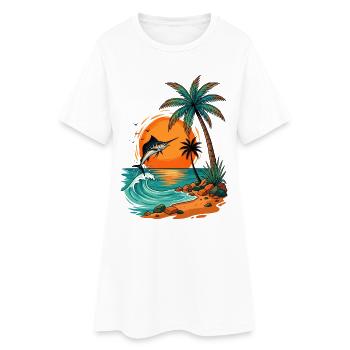 Jumping Fish at Tropical Sunset Palm Sea Beach - Frauen T-Shirt-Kleid - Weiß - Vorne