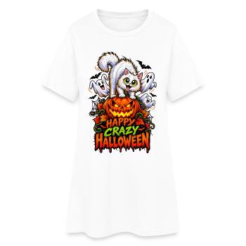 Happy Crazy Halloween Cat – Spooky Pumpkin  - Frauen T-Shirt-Kleid - Weiß - Vorne