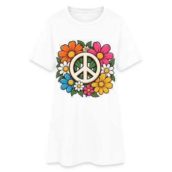 Peace & Love – Buntes Hippie Blumenmotiv - Frauen T-Shirt-Kleid - Weiß - Vorne