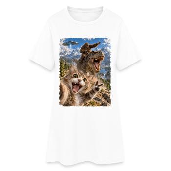 Lustiges Katze Selfie mit Bigfoot, T-Rex, UFO - Frauen T-Shirt-Kleid - Weiß - Vorne