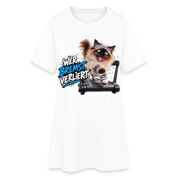 Wer bremst, verliert! – Verrückter Fitness-Kater - Frauen T-Shirt-Kleid - Weiß - Vorne