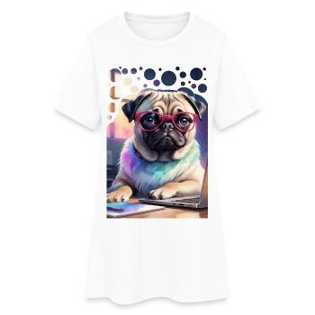 Bureau Chien Carlin avec Ordinateur Portable et Lunettes Roses Pop Art - Robe T-shirt Femme - blanc - Devant