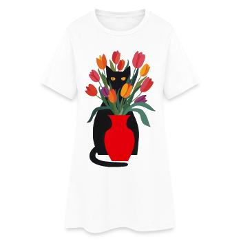 Chat noir et tulipes - Robe T-shirt Femme - blanc - Devant