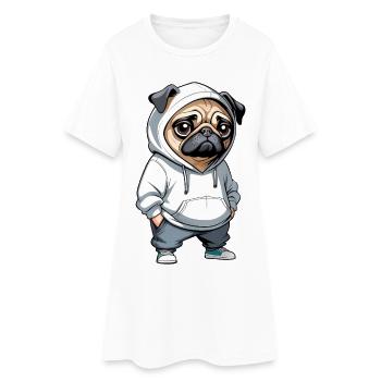 Pug Hoodie Stadtstyle - Frauen T-Shirt-Kleid - Weiß - Vorne
