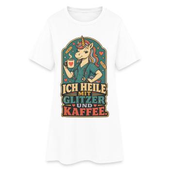 Einhorn Pflege Glitzer Kaffee Shirt - Frauen T-Shirt-Kleid - Weiß - Vorne