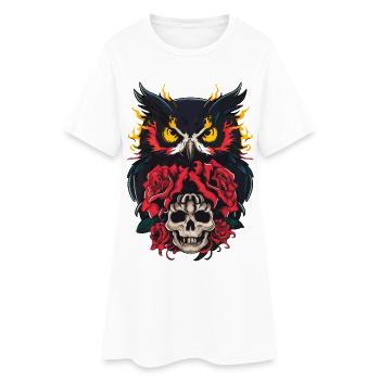Mystic Owl Sitting on Skull with Red Roses - Women’s T-Shirt Dress - white - Front