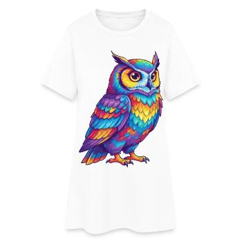 Bunte Eulen-Regenbogen-Pop-Art-Aquarell - Frauen T-Shirt-Kleid - Weiß - Vorne