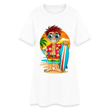 Surfeur joyeux avec une planche de surf sur la plage. - Robe T-shirt Femme - blanc - Devant