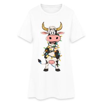 Cow with fairy lights cartoon - Women’s T-Shirt Dress - white - Front