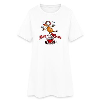 Festliches Rentier und Weihnachtsmann-Design - Frauen T-Shirt-Kleid - Weiß - Vorne