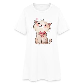 Chat mignon regardant une fleur de cerisier - Robe T-shirt Femme - blanc - Devant