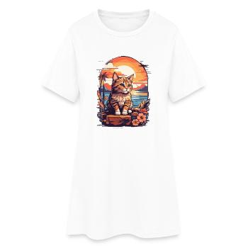Coucher de soleil rétro plage, coucher de soleil chat au bord de la mer - Robe T-shirt Femme - blanc - Devant