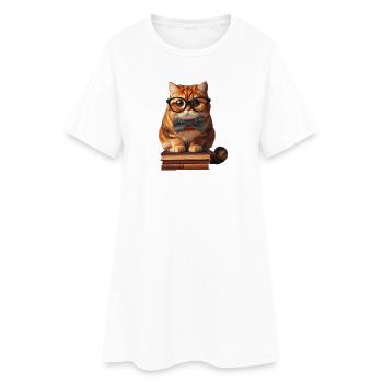 Witzige Katze mit Brille auf Bücherstapel - Frauen T-Shirt-Kleid - Weiß - Vorne