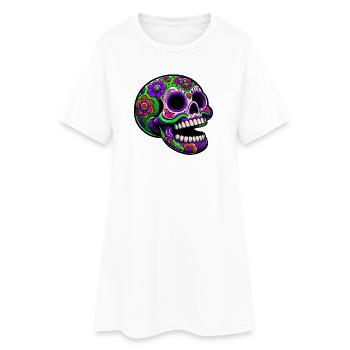Leuchtender Totenkopf mit Blumenmotiv - Frauen T-Shirt-Kleid - Weiß - Vorne