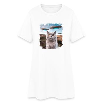 Funny British Shorthair Cat selfie with Alien UFOs - Women’s T-Shirt Dress - white - Front