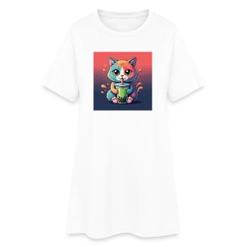 Niedliche Katze mit Bubble Tea - Frauen T-Shirt-Kleid - Weiß - Vorne