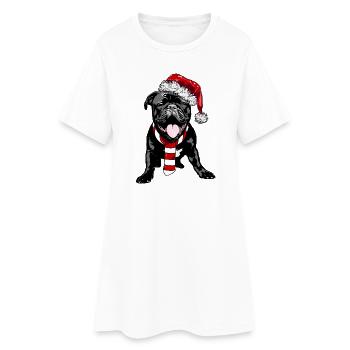 Mignon Frenchie avec chapeau et écharpe de Père Noël - Robe T-shirt Femme - blanc - Devant