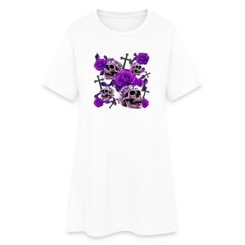 Menschenschädel, Kreuze, Rosenblüten - Frauen T-Shirt-Kleid - Weiß - Vorne