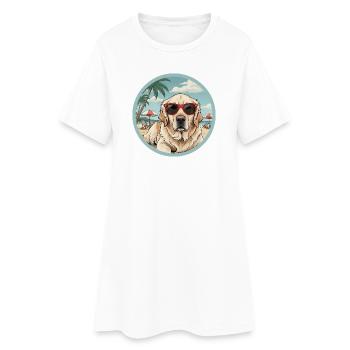 Chien récepteur doré sur la plage avec des lunettes rouges - Robe T-shirt Femme - blanc - Devant