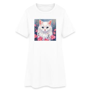 Elégant chat blanc aux fleurs roses - Robe T-shirt Femme - blanc - Devant