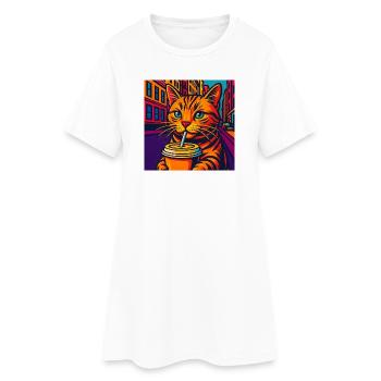 Chat urbain dynamique avec boisson, aime les chats - Robe T-shirt Femme - blanc - Devant