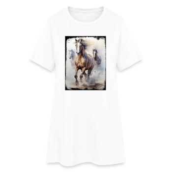 Aquarelle, course, chevaux sauvages, plage, sable, joie de vivre - Robe T-shirt Femme - blanc - Devant