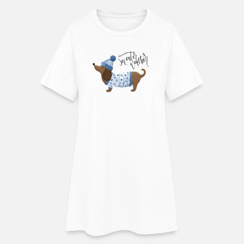 Teckel avec pull et chapeau Pull Météo bleu - Robe T-shirt Femme - blanc