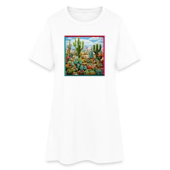 Bunte Wüstenpflanzen Kakteen Stickerei Landschaft  - Frauen T-Shirt-Kleid - Weiß - Vorne