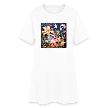 Motif floral en technique de broderie sur bleu foncé - Robe T-shirt Femme - blanc - Devant