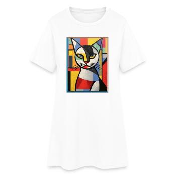 Abstract Cat Head in Color Blocks Pop Art Style - Women’s T-Shirt Dress - white - Front
