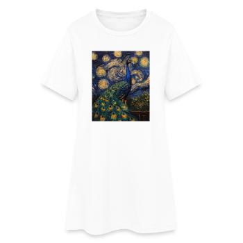 Peacock Bird Van Gogh Style Starry Night - Women’s T-Shirt Dress - white - Front