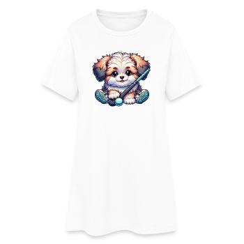 Chien mignon avec bâton de hockey sur gazon et balle - Robe T-shirt Femme - blanc - Devant