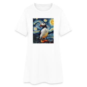 Macareux Oiseau Style Van Gogh Nuit étoilée - Robe T-shirt Femme - blanc - Devant