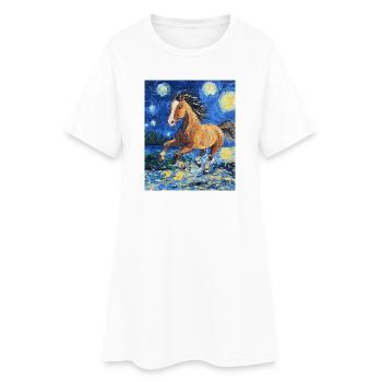 Cheval Chevaux Cavalier Style Van Gogh Nuit étoilée - Robe T-shirt Femme - blanc - Devant