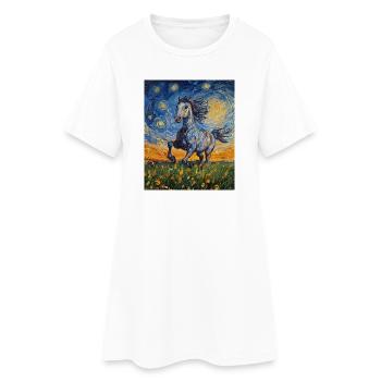 Cheval Chevaux Cavalier Style Van Gogh Nuit étoilée - Robe T-shirt Femme - blanc - Devant